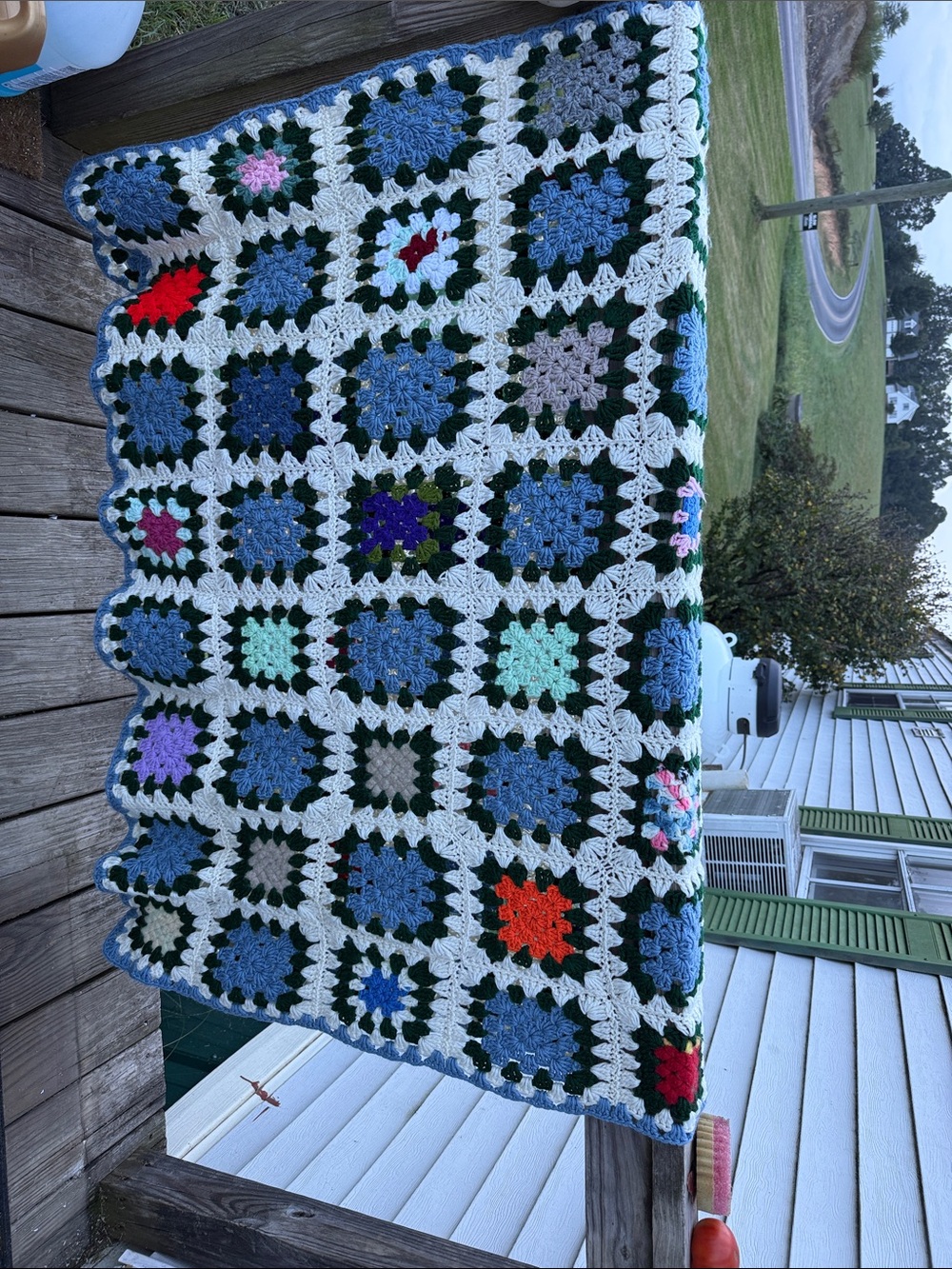 Handmade Crochet Granny Square Throw Blanket in Blue & White - Unbranded